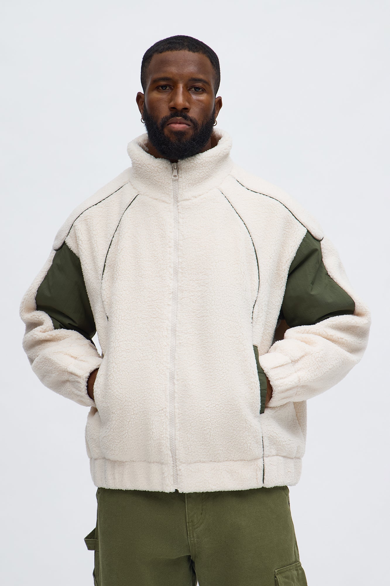 Relaxed Sherpa Paneled Piped Bomber Jacket - Beige