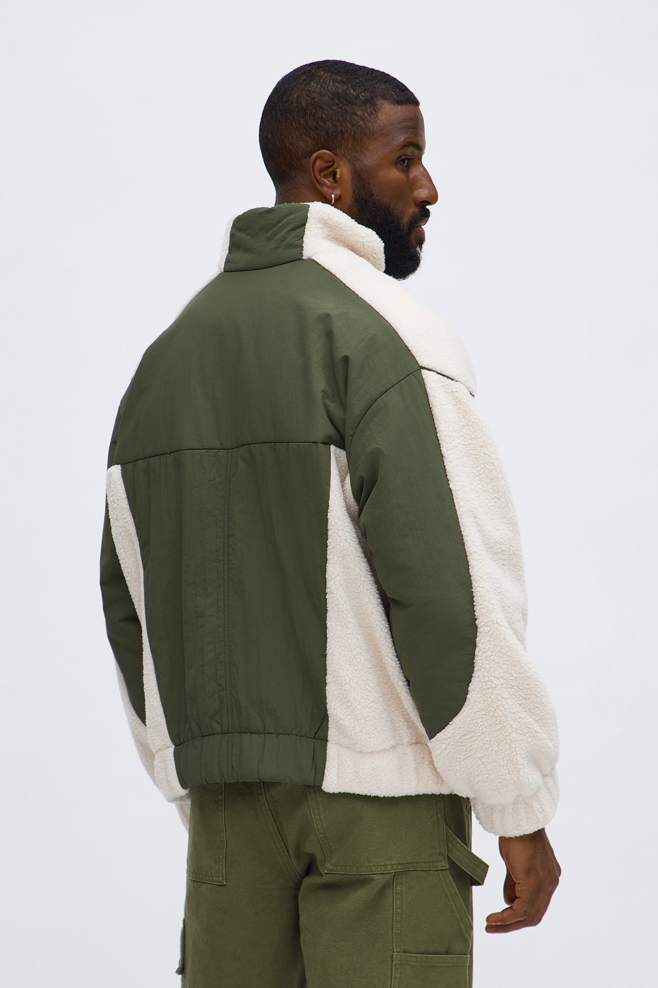 Relaxed Sherpa Paneled Piped Bomber Jacket - Beige