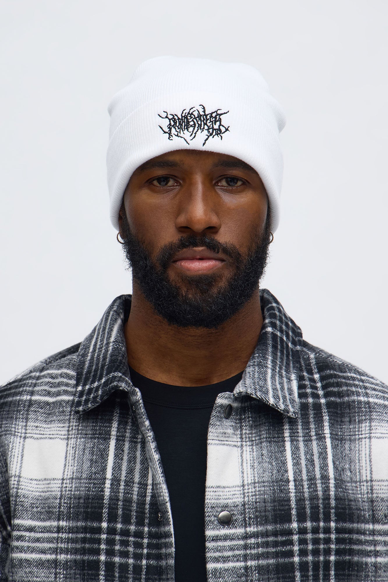Abstract Embroidered Cuffed Ribbed Beanie - White