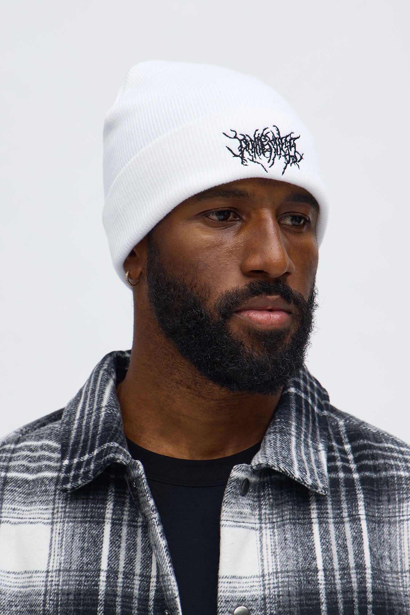 Abstract Embroidered Cuffed Ribbed Beanie - White