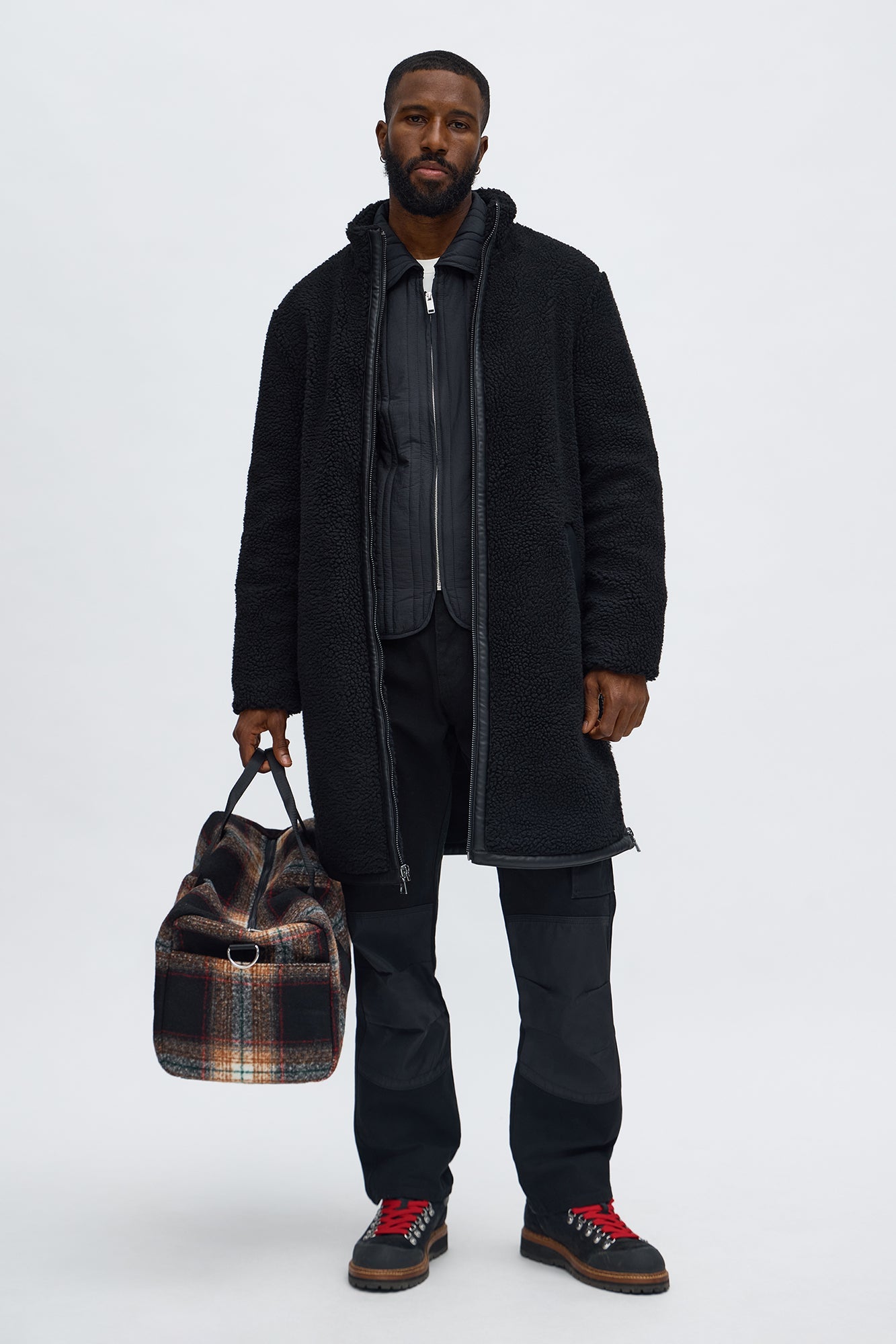 Textured Sherpa Trench Coat - Black