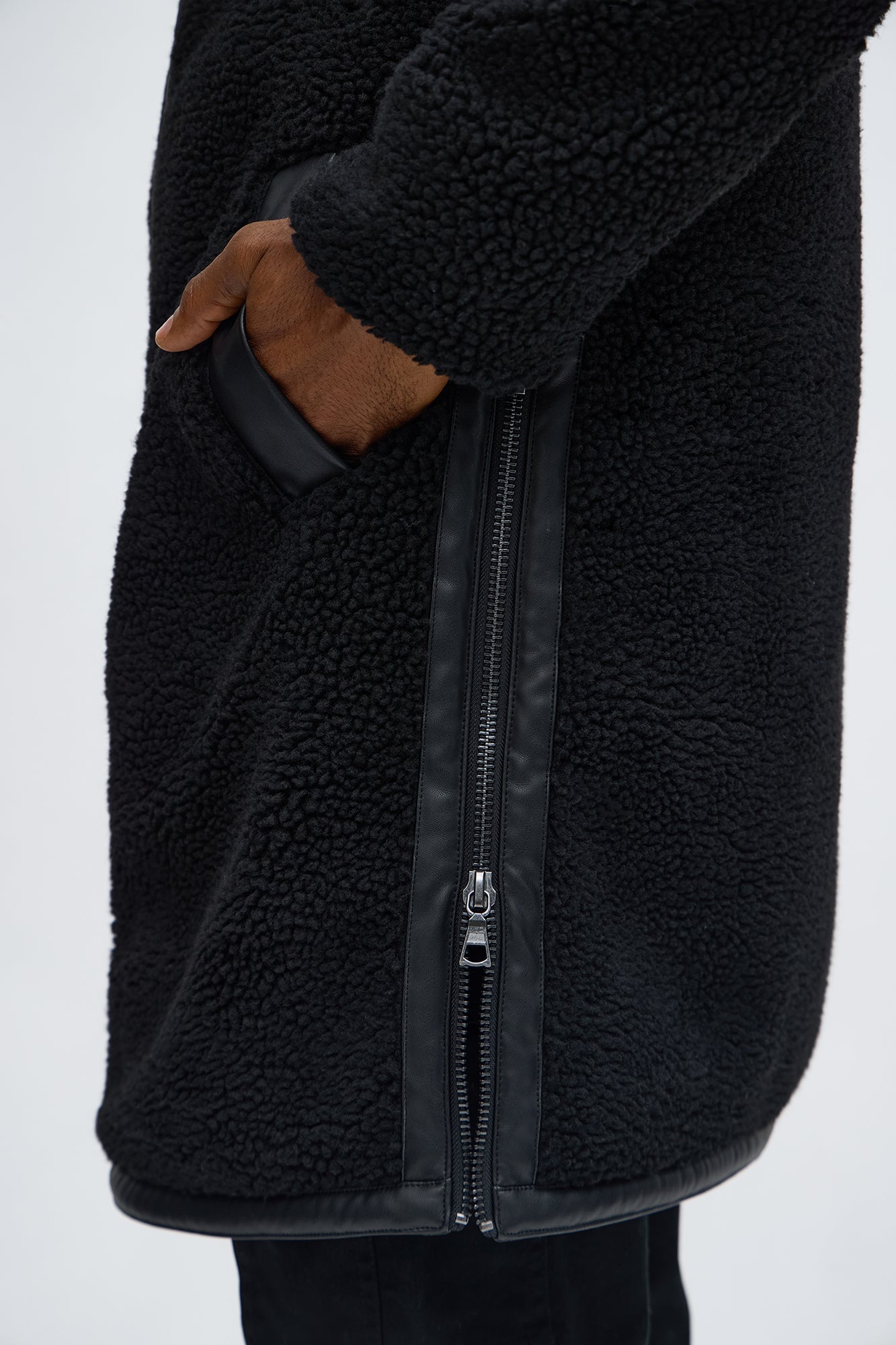 Textured Sherpa Trench Coat - Black