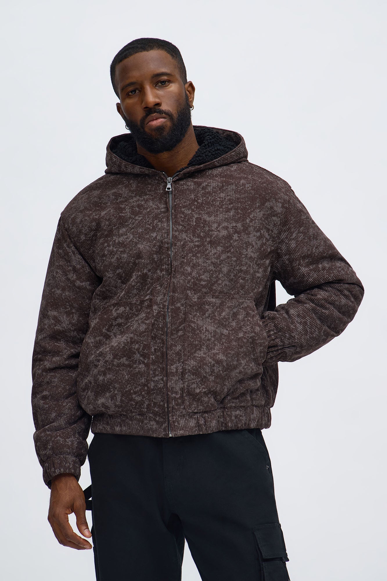 Oversized Corduroy Hooded Bomber Jacket - Brown