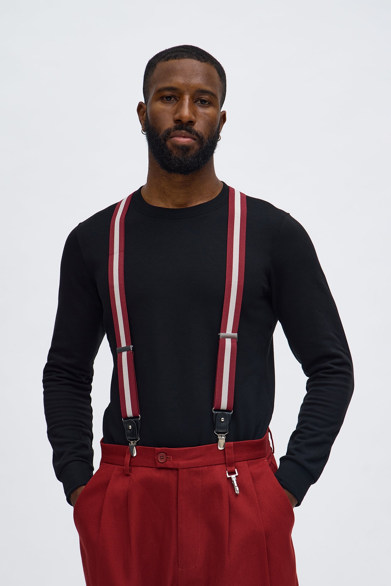 Contrast Stripe Stretch Fit Adjustable Suspenders - Burgundy/combo