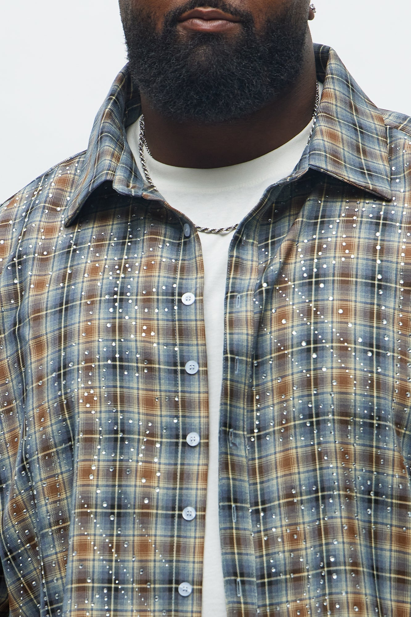 Cropped Starlit Rhinestone Plaid Flannel - Blue/combo