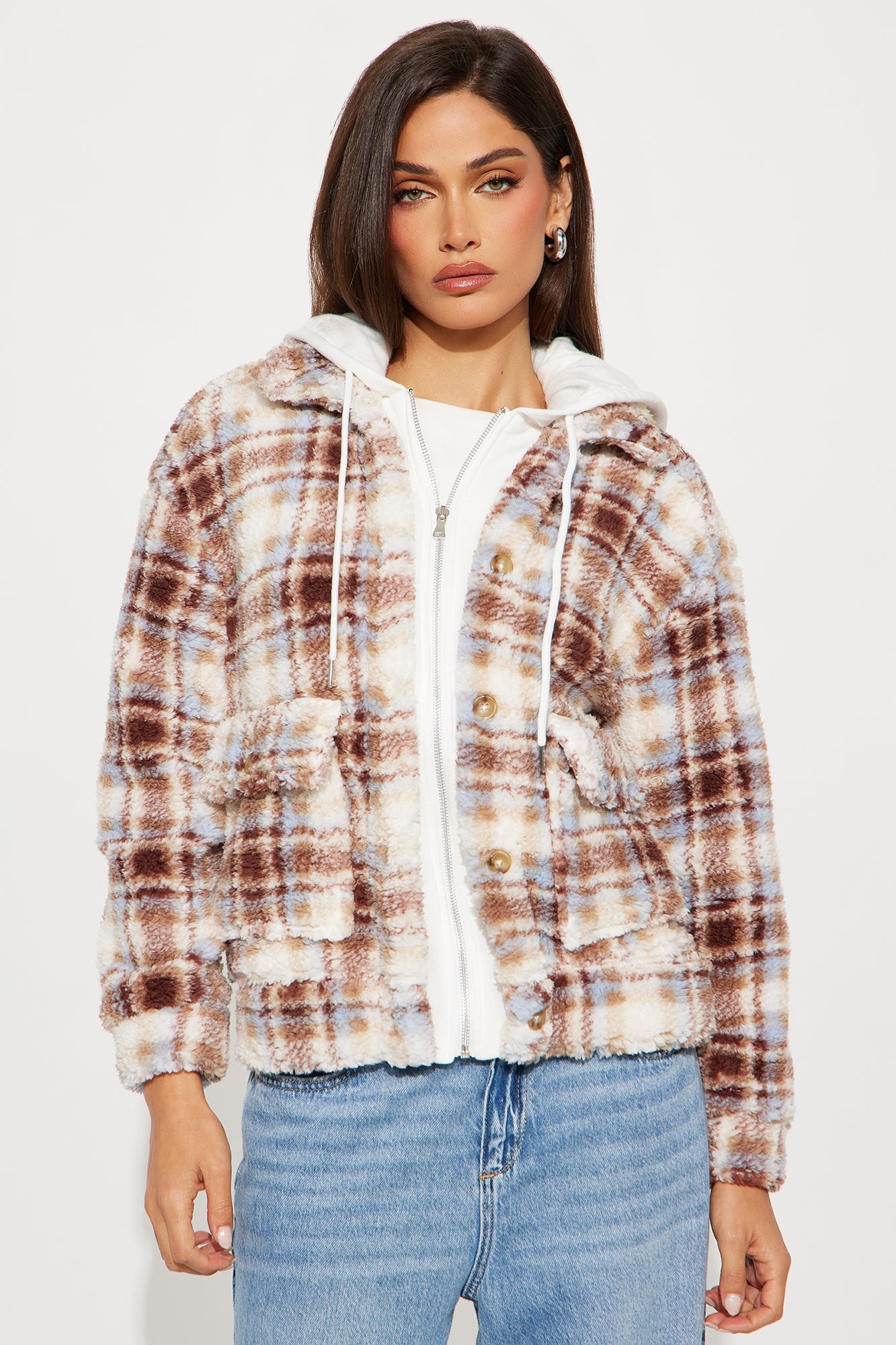 Out Of Town Plaid Sherpa Shacket - Brown/combo