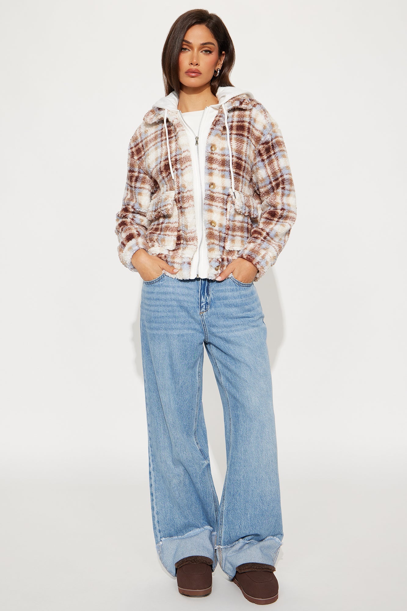 Out Of Town Plaid Sherpa Shacket - Brown/combo