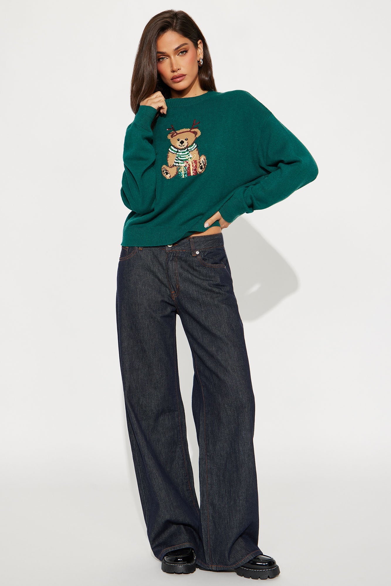Christmas Teddy Bear Cropped Sweater - Green/combo