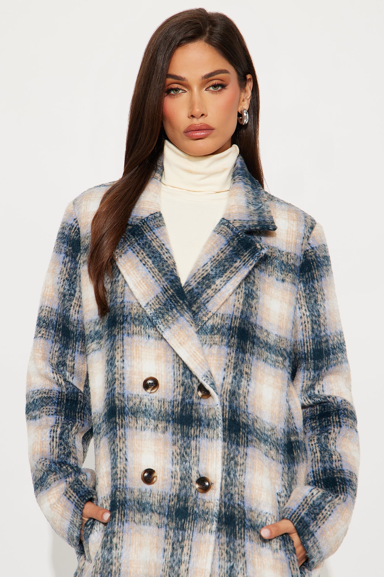Downtown Cozy Plaid Double Breasted Coat - Blue/combo