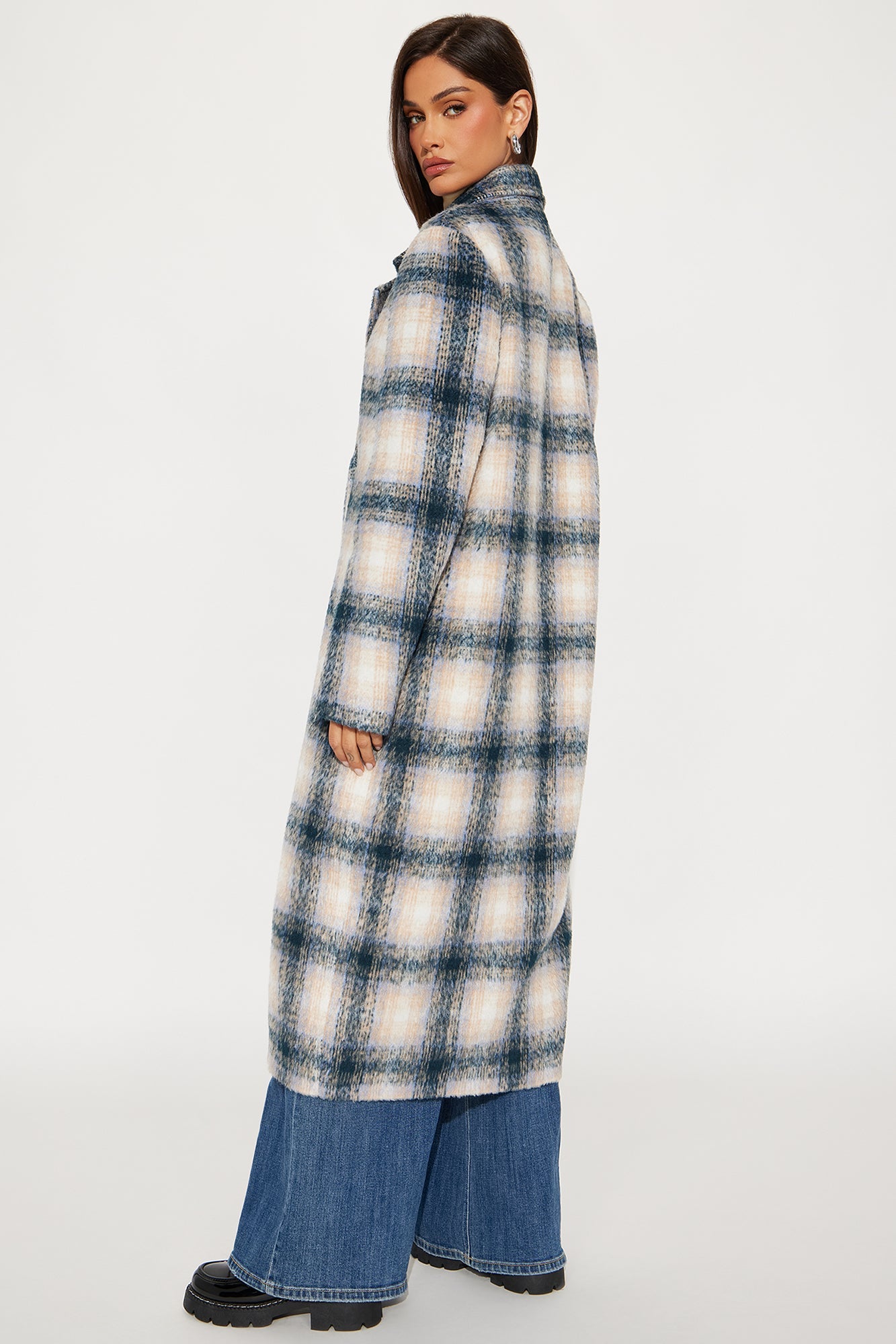 Downtown Cozy Plaid Double Breasted Coat - Blue/combo