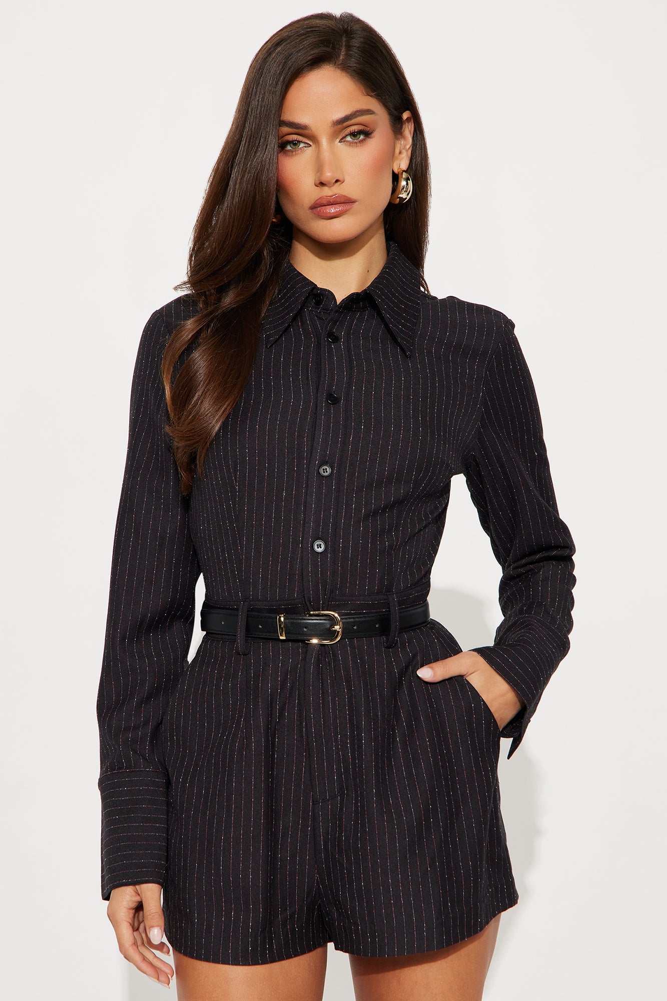 Business Moves Pinstripe Romper - Black/combo