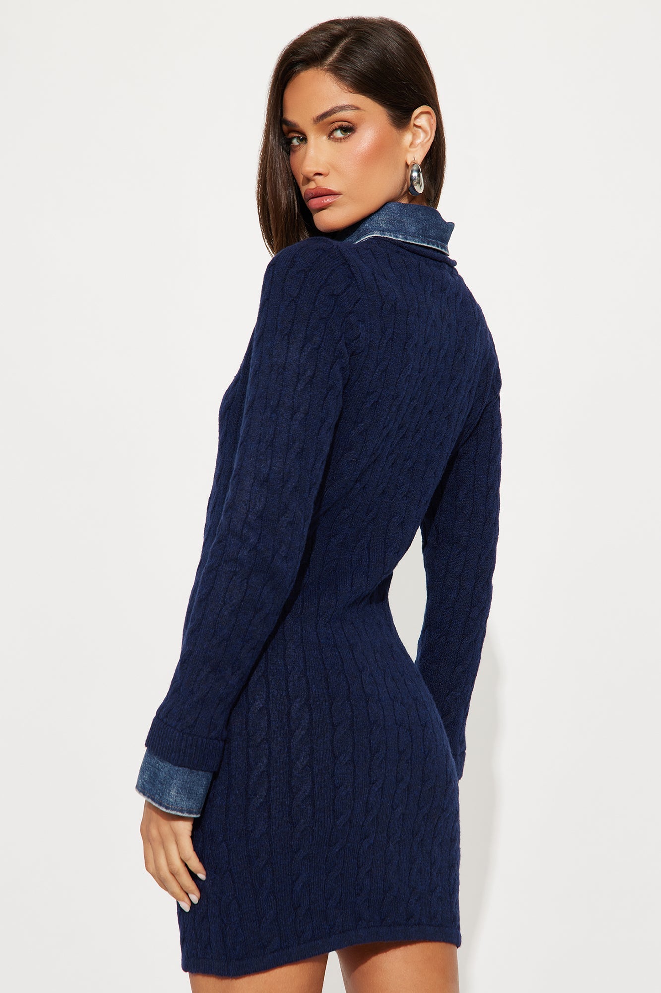 Suri Collar Cable Knit Sweater Mini Dress - Navy/combo
