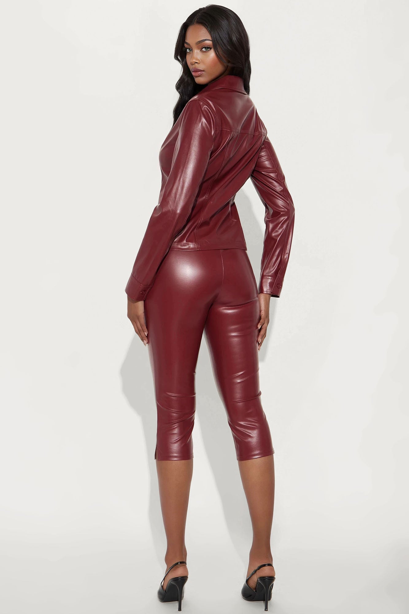 Yara Faux Leather Capri Pant Set - Burgundy