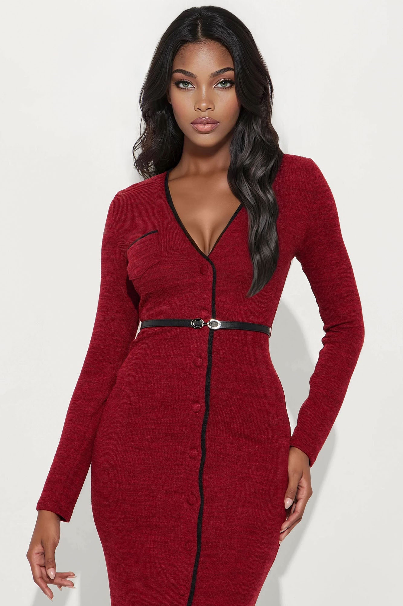 Genesis Belted Sweater Midi Dress - Burgundy/combo