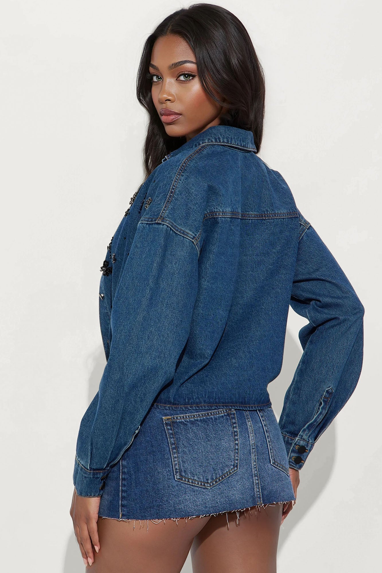 Lap Of Luxury Embellished Denim Shacket - Dark Wash