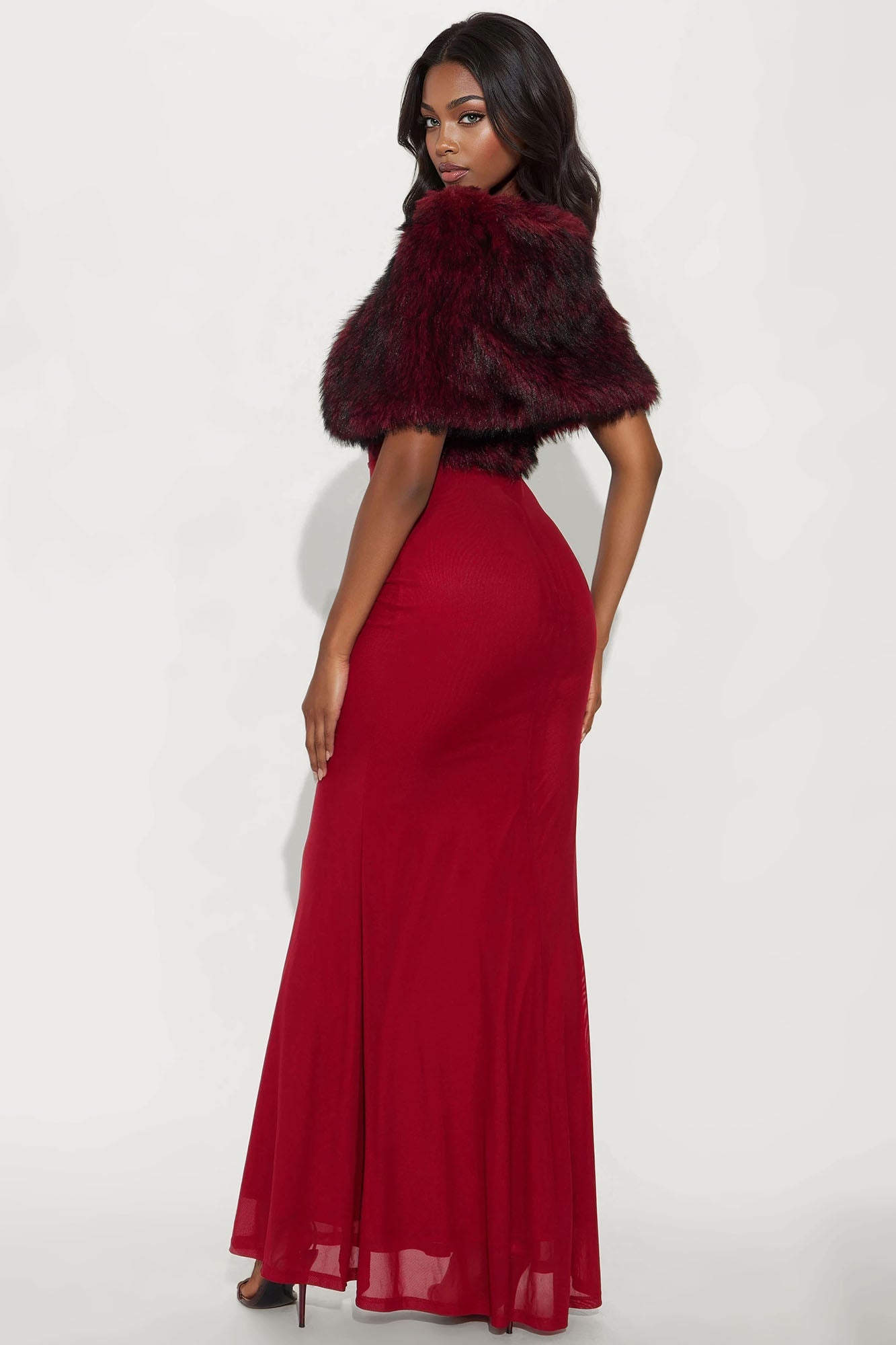 Glam Theory 2 Piece Faux Fur Gown - Burgundy