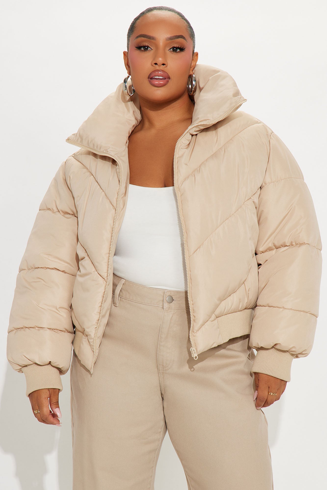 Cold Front Nylon Puffer Jacket - Beige