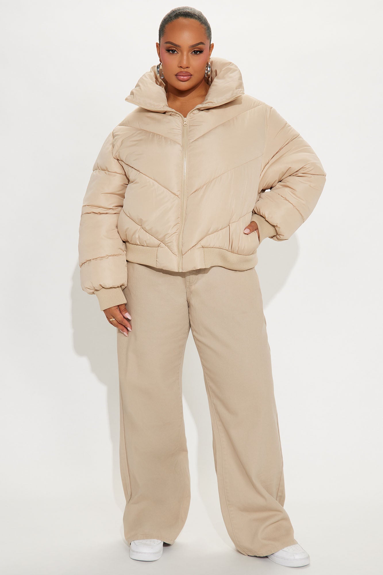 Cold Front Nylon Puffer Jacket - Beige
