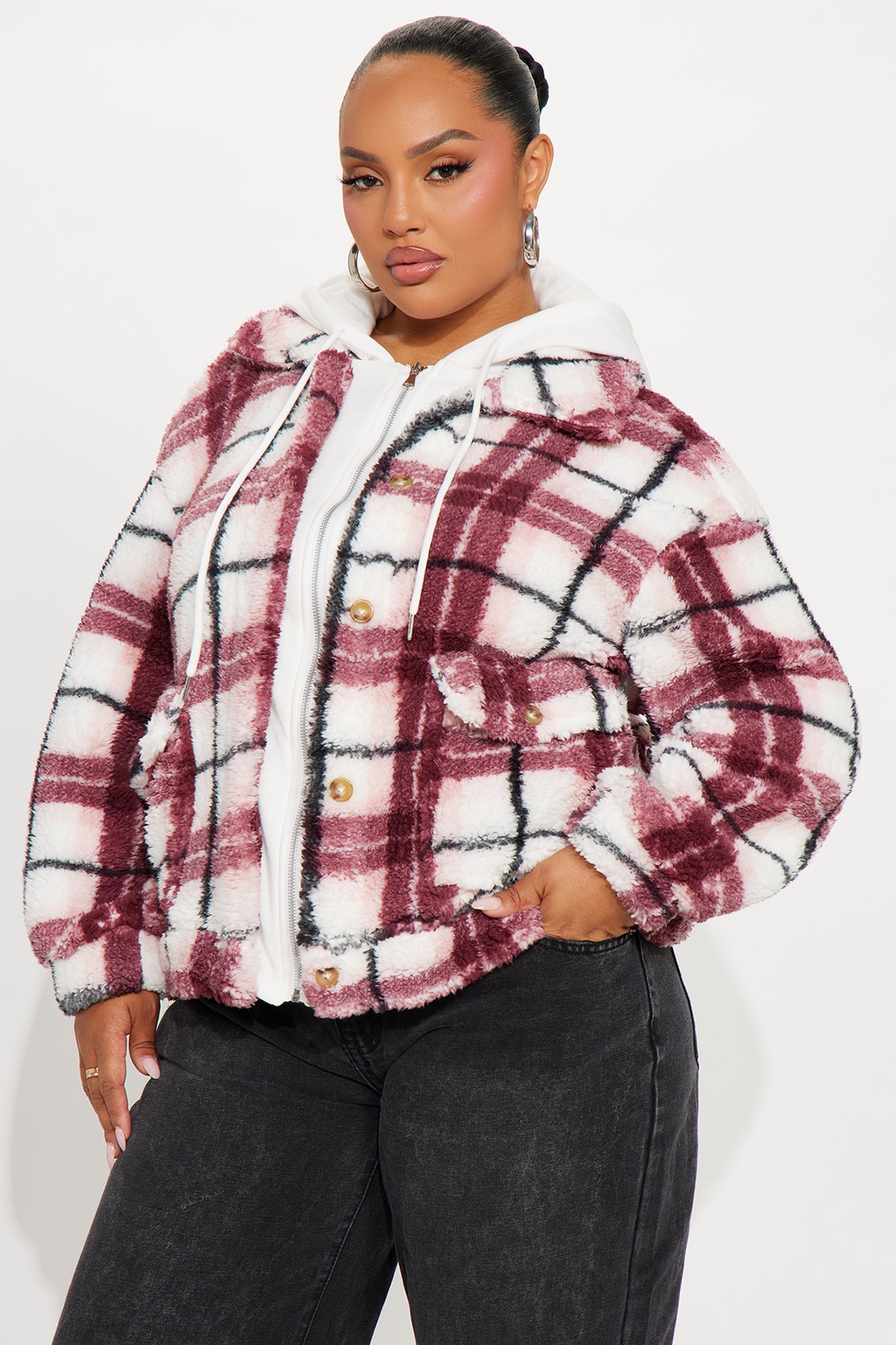 Out Of Town Plaid Sherpa Shacket - Pink/combo