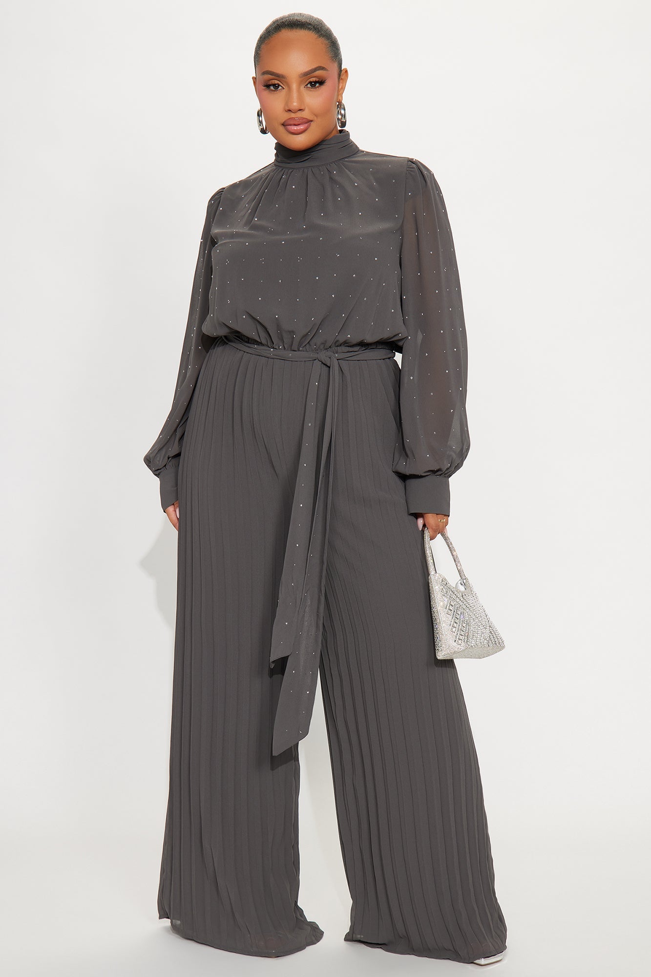 Monica Embellished Mock Neck Wide Leg Jumpsuit - Grey