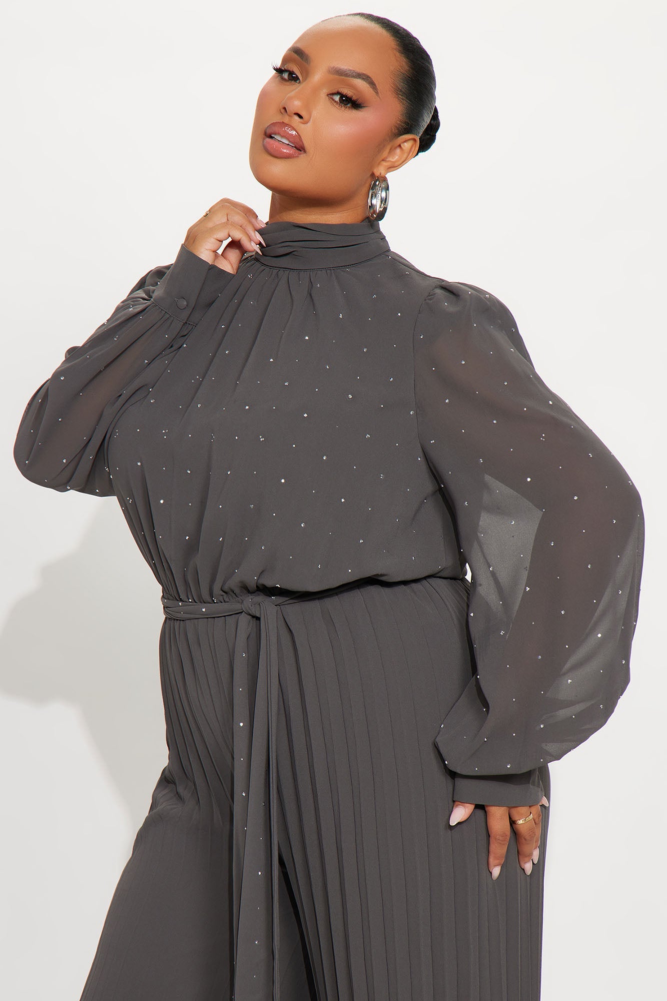 Monica Embellished Mock Neck Wide Leg Jumpsuit - Grey