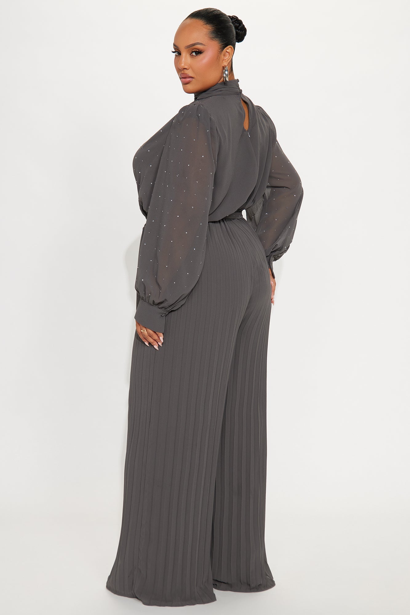Monica Embellished Mock Neck Wide Leg Jumpsuit - Grey