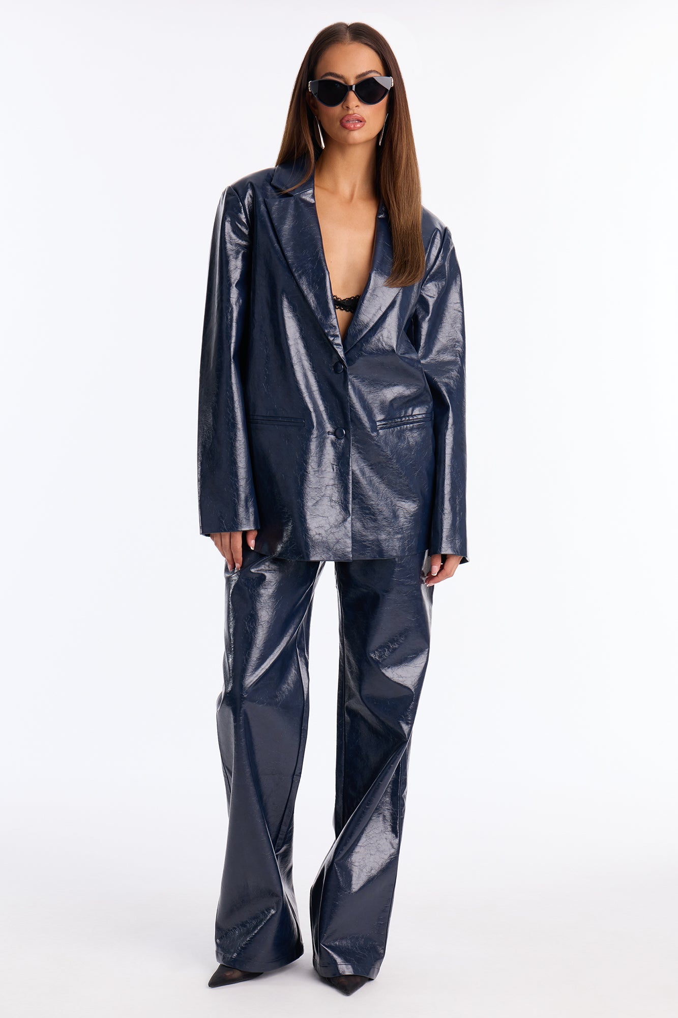 Catalina Faux Patent Leather Blazer - Navy