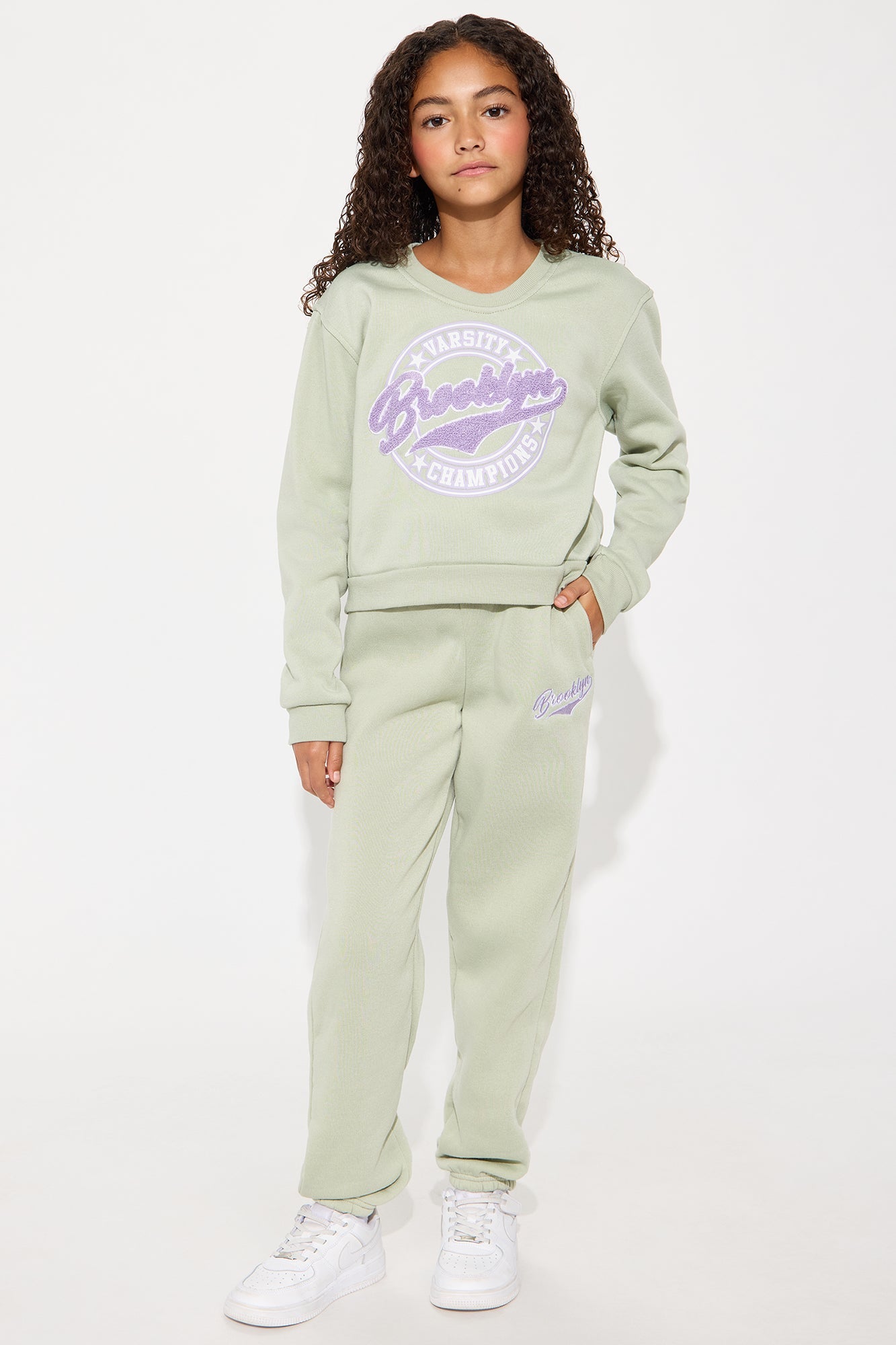 Mini Brooklyn Varsity Champions Sweatshirt And Jogger Pant Set - Sage