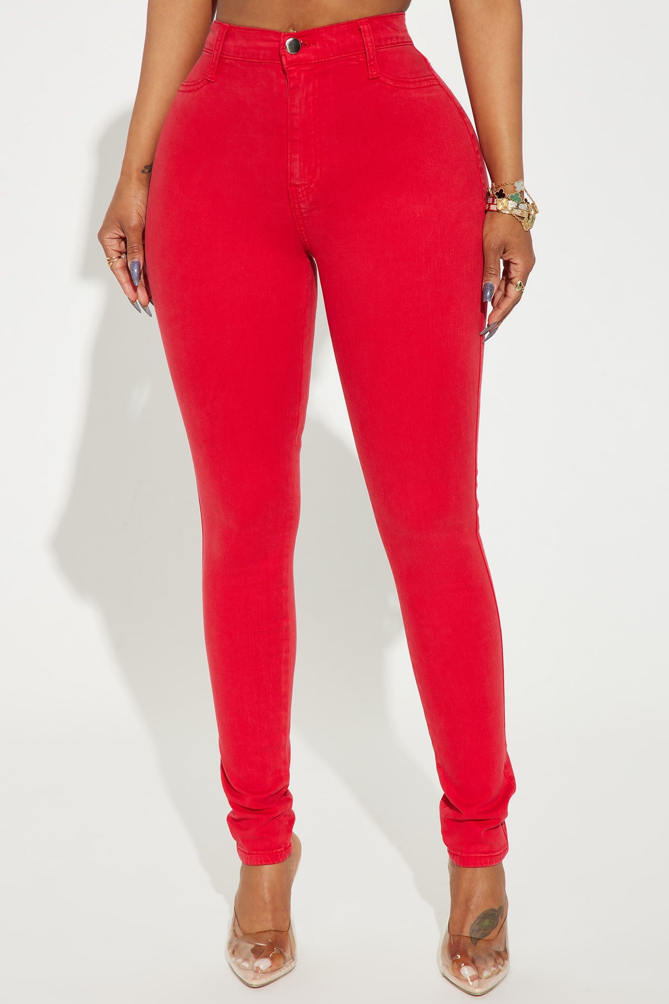 Classic Color High Waist Skinny Jeans - Red