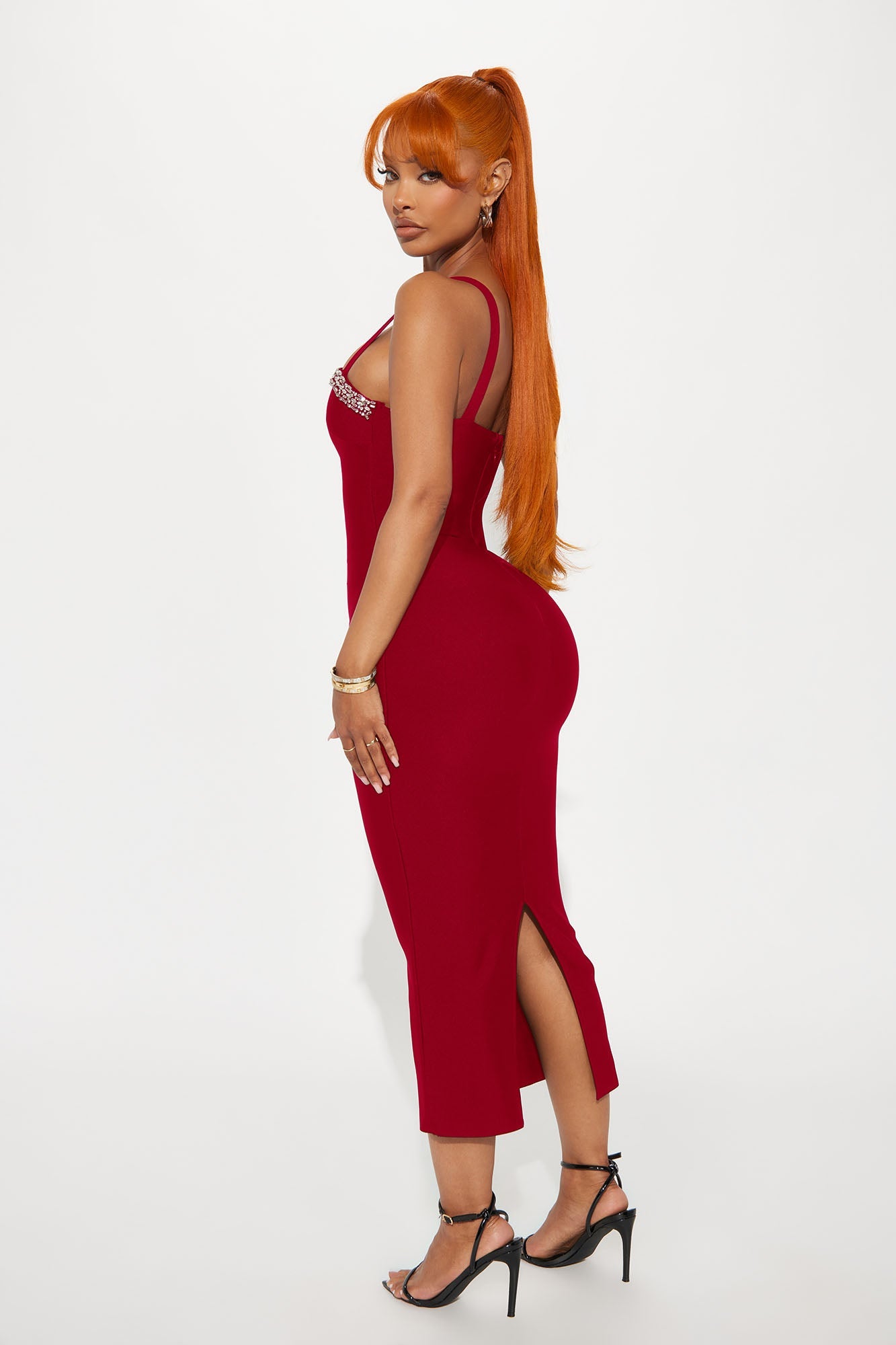 Jadore Rhinestone Bandage Midi Dress - Red