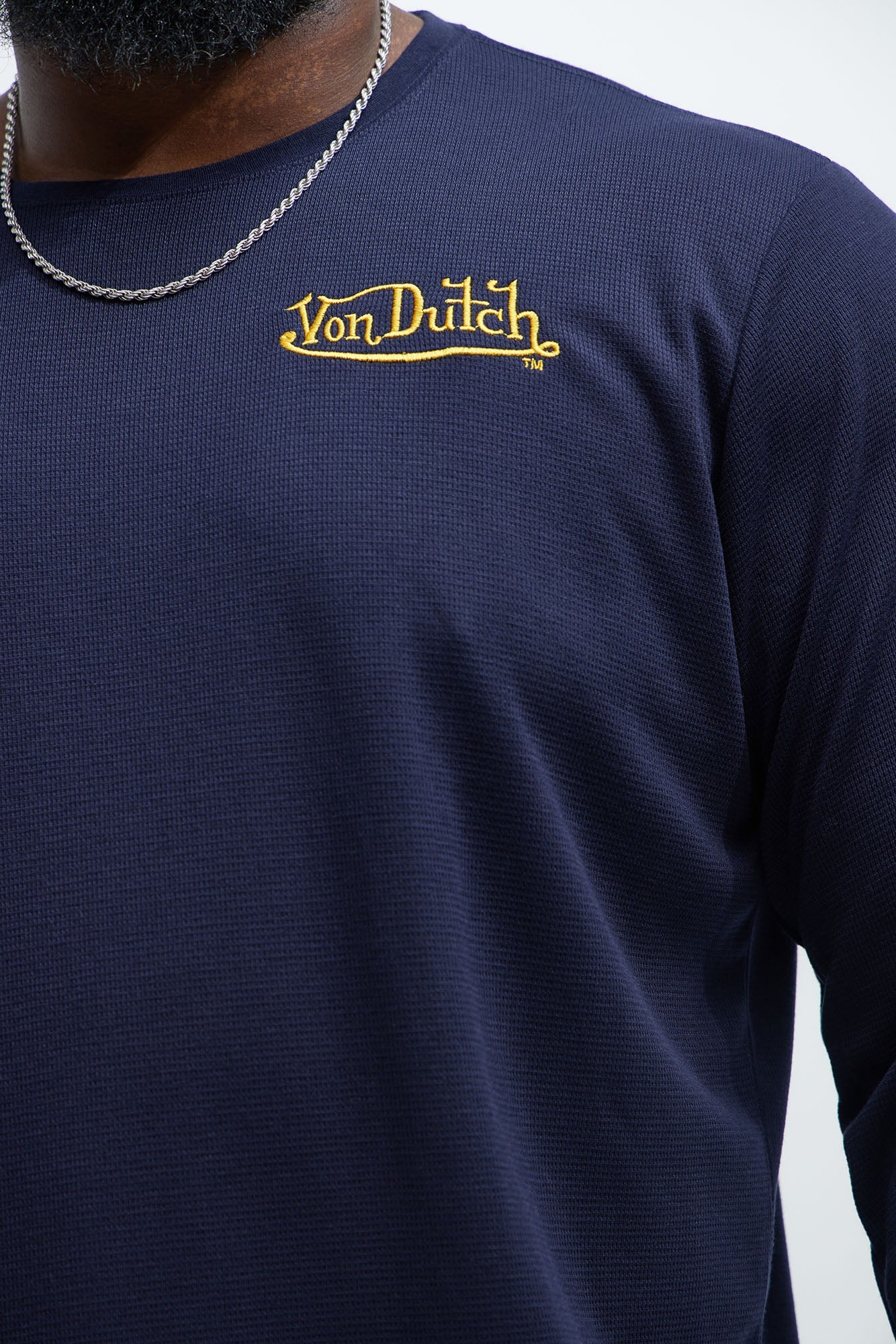 Von Dutch Yellow Font Long Sleeve Tee - Navy