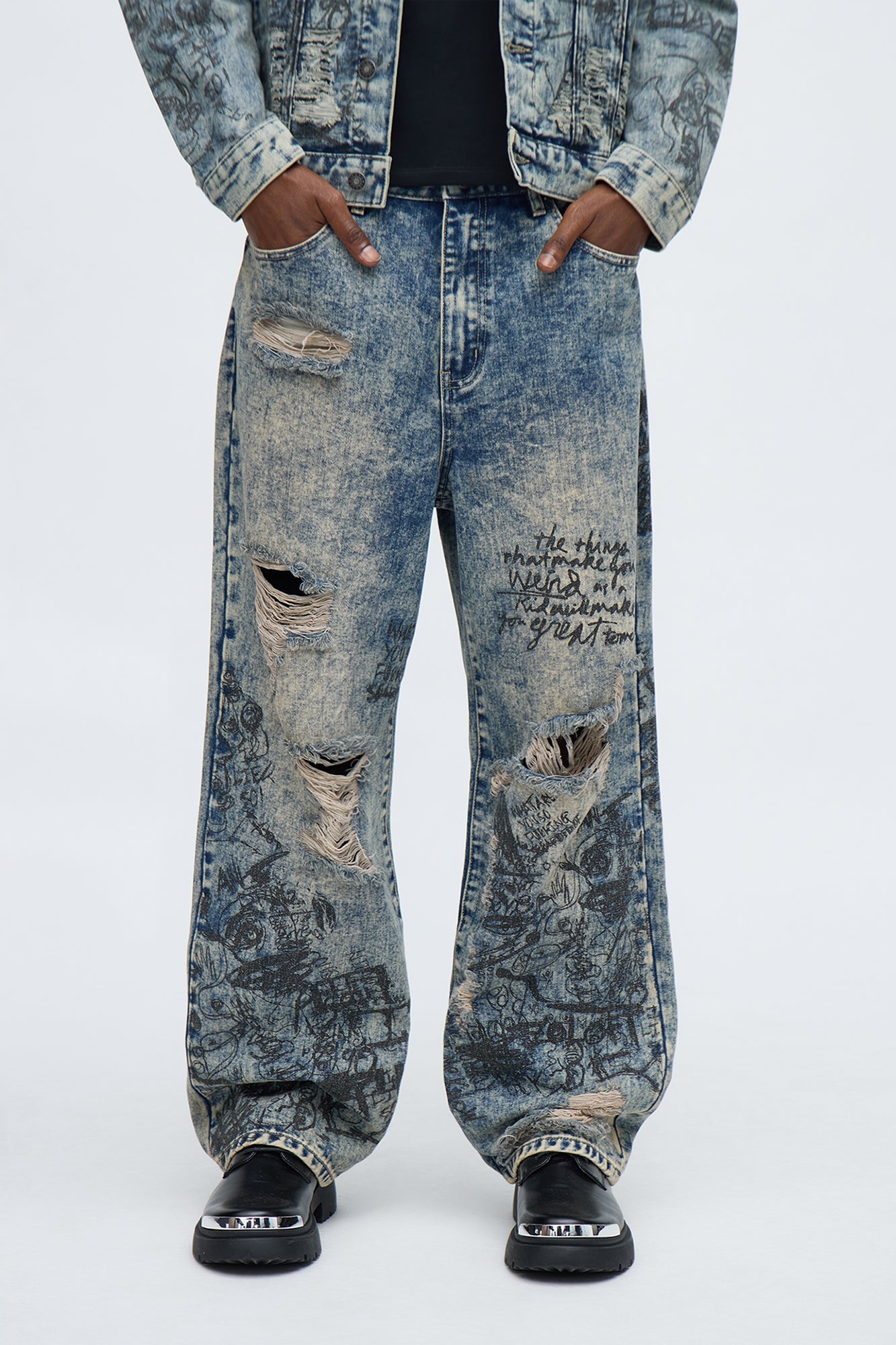 Baggy Verbiage Distressed Jean - Vintage Blue Wash