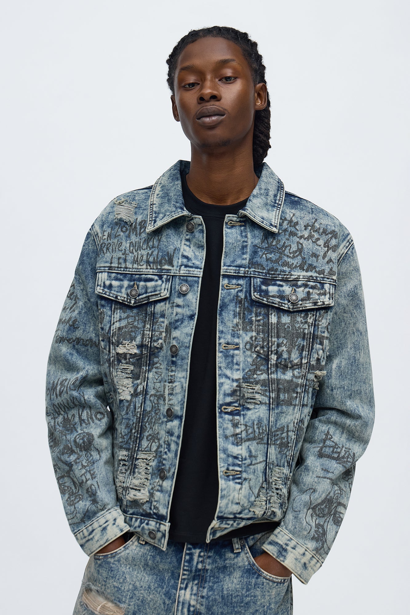 Verbiage Distressed Denim Trucker Jacket - Vintage Blue Wash