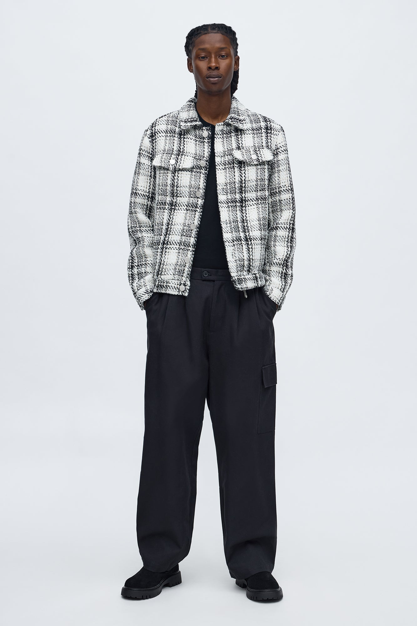 Tweed Plaid Trucker Jacket - Black