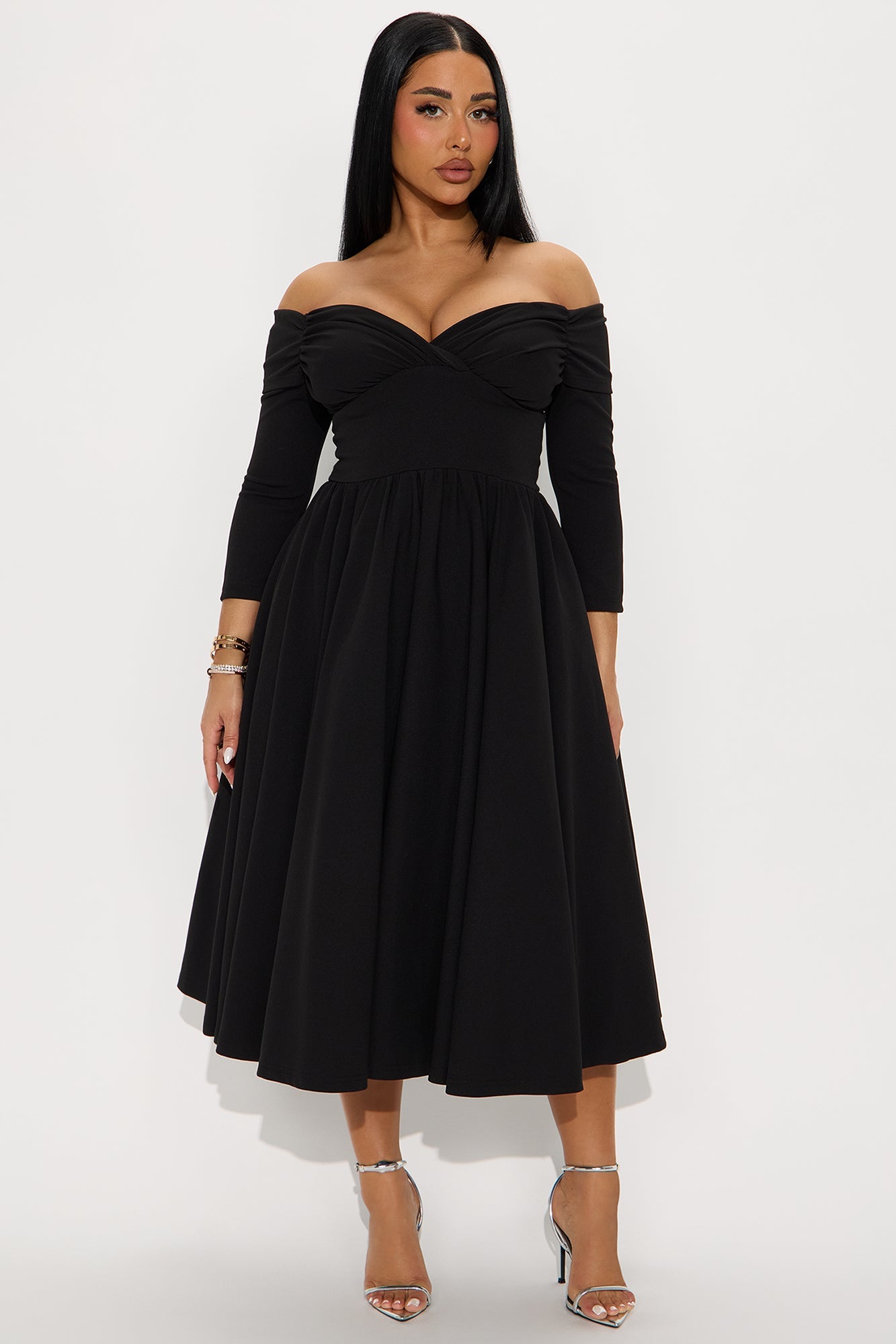 Abby Off Shoulder Crepe Knit Midi Dress - Black