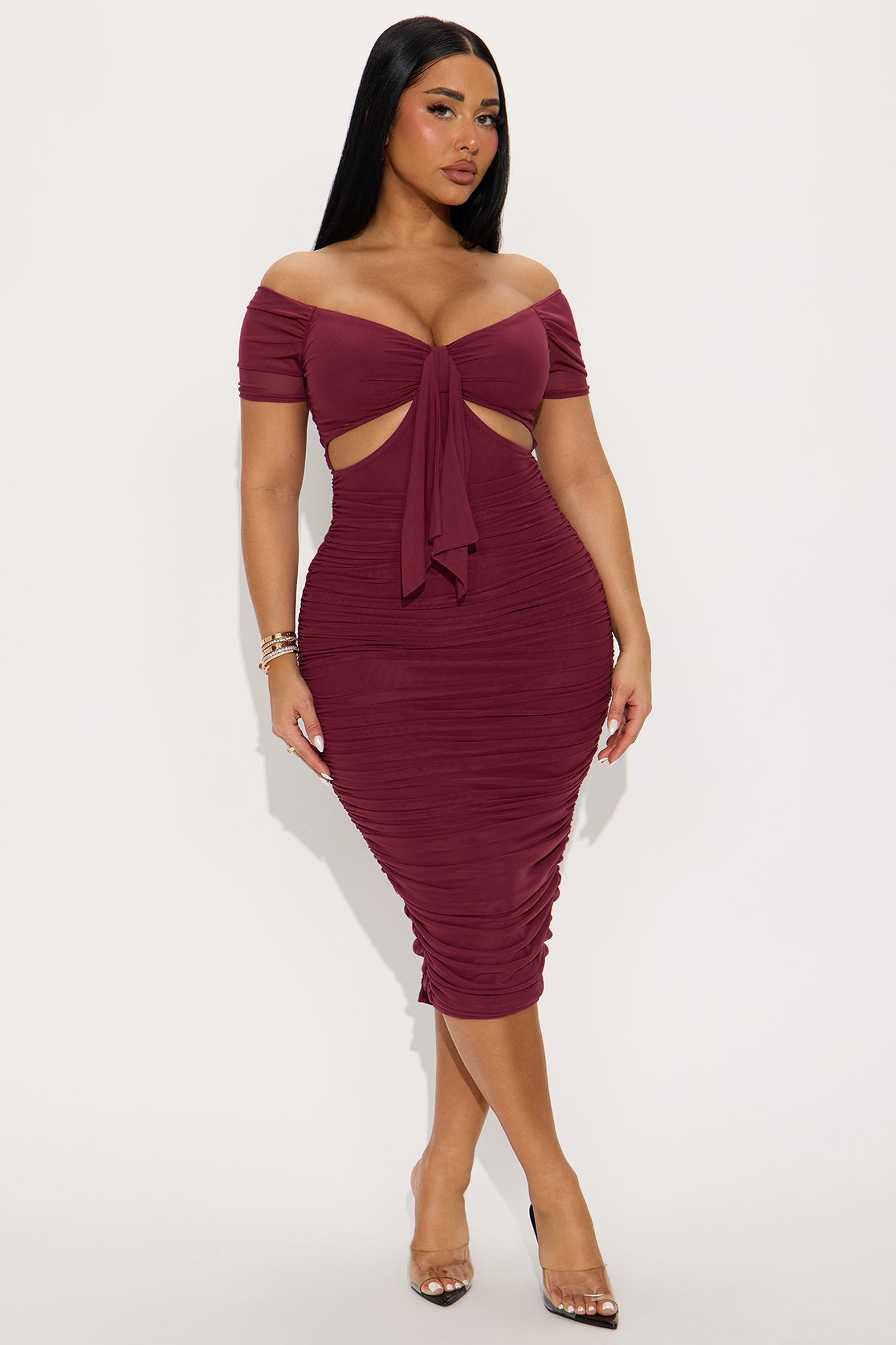 Simple And Sweet Mesh Ruched Dress - Wine