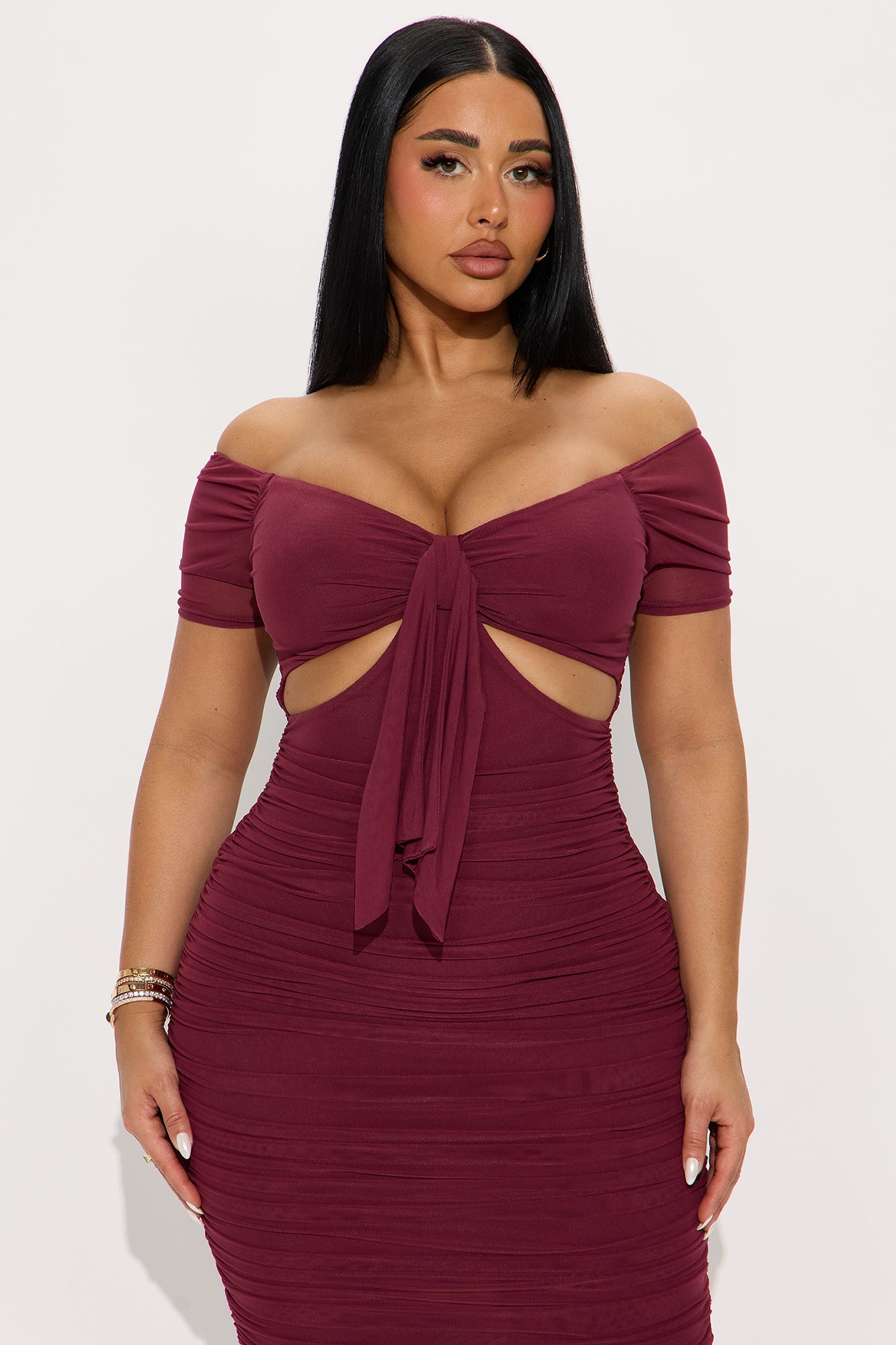 Simple And Sweet Mesh Ruched Dress - Wine