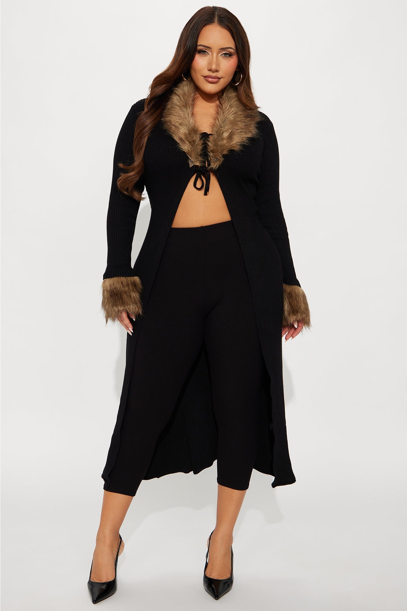 The Grand Entrance Ribbed Open Full Length Cardigan Sweater - Black/combo