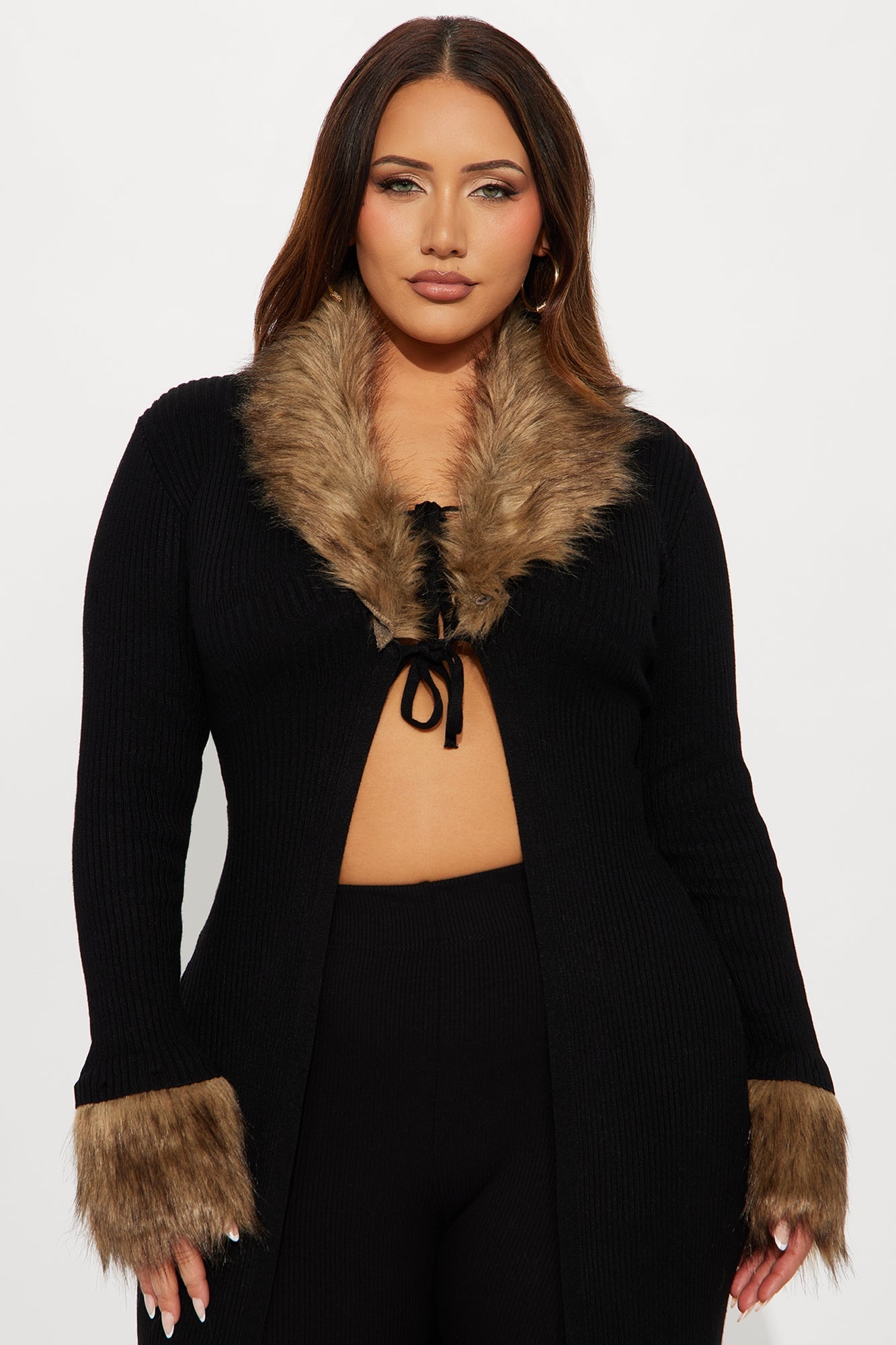 The Grand Entrance Ribbed Open Full Length Cardigan Sweater - Black/combo