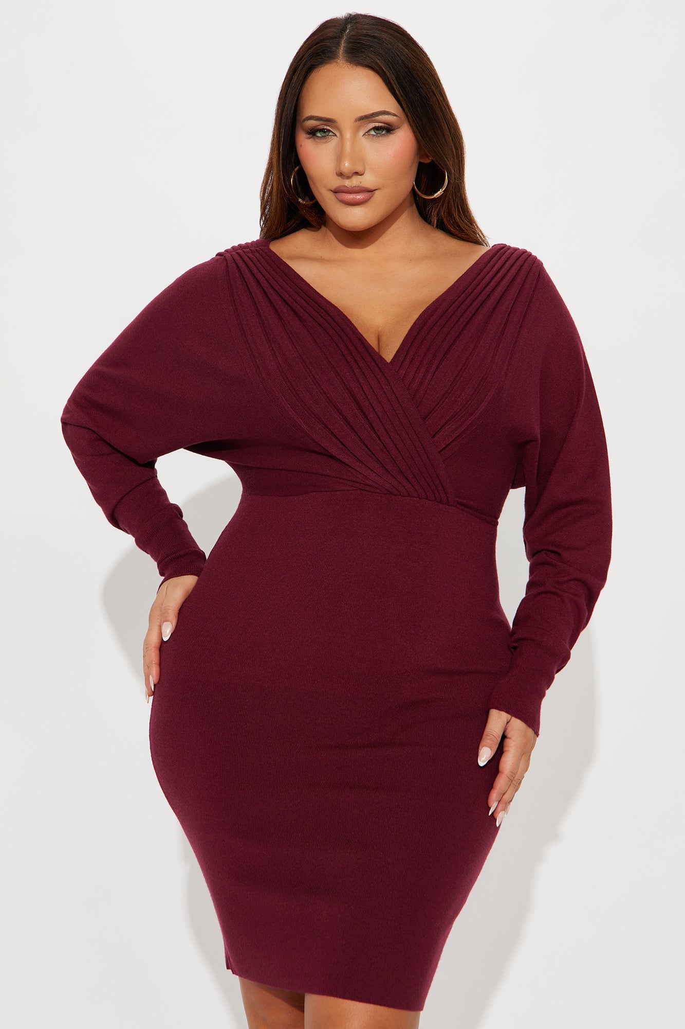 Lisa Long Sleeve Sweater Midi Dress - Wine