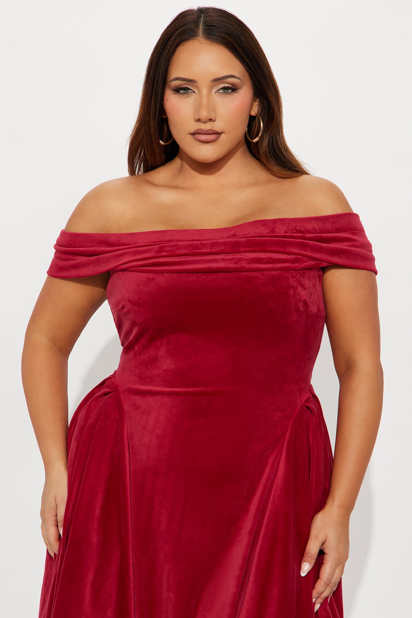 Lillian Pleated Velour Midi Dress - Red