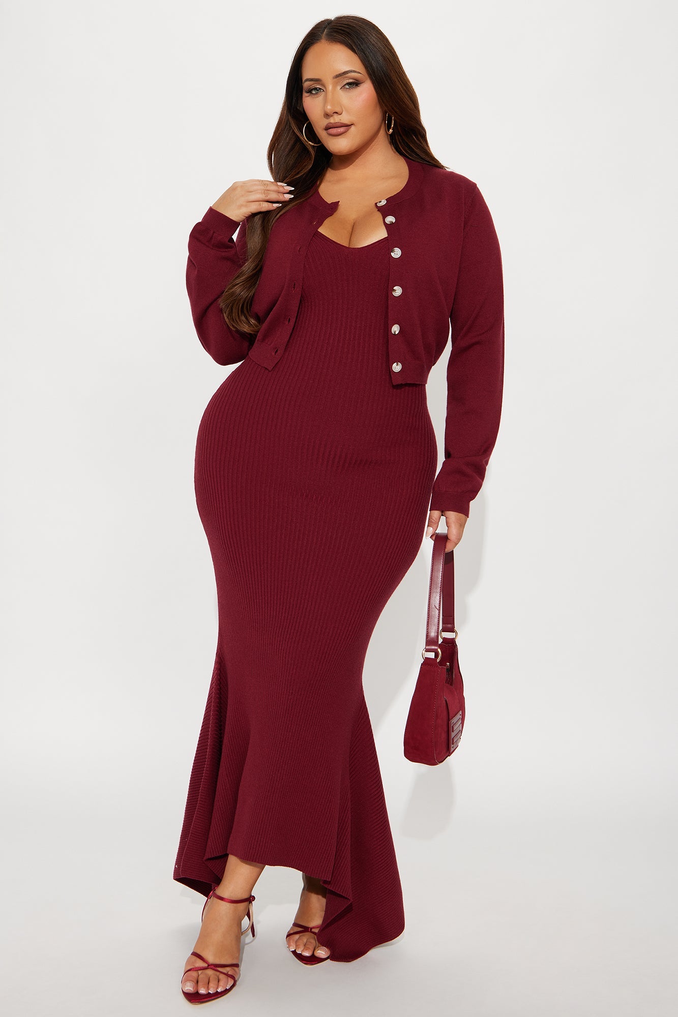 Dazzle Me Ribbed Maxi Dress Set - Wine