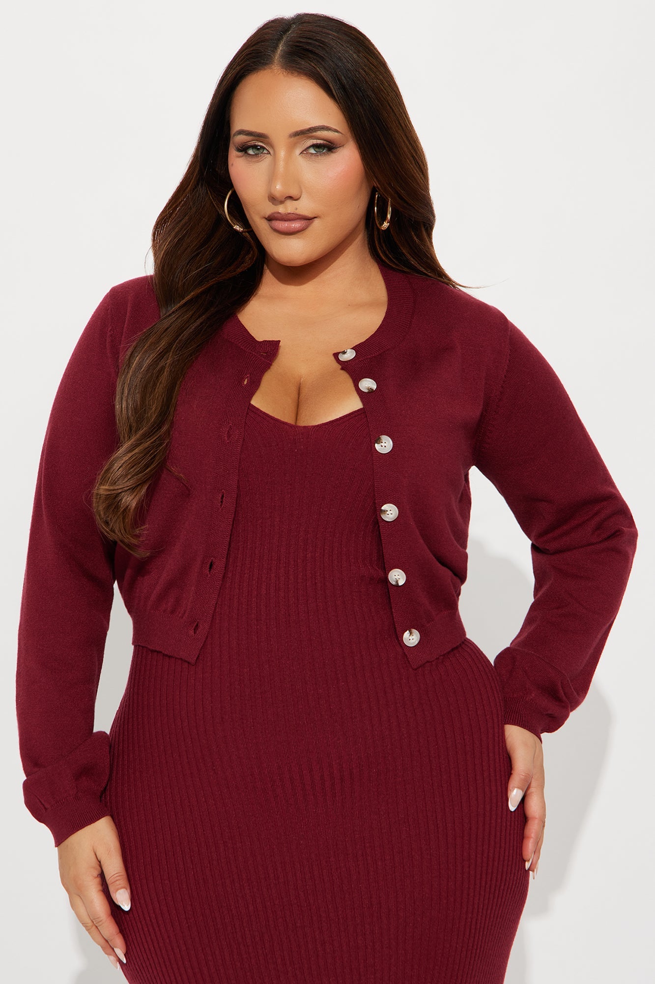 Dazzle Me Ribbed Maxi Dress Set - Wine