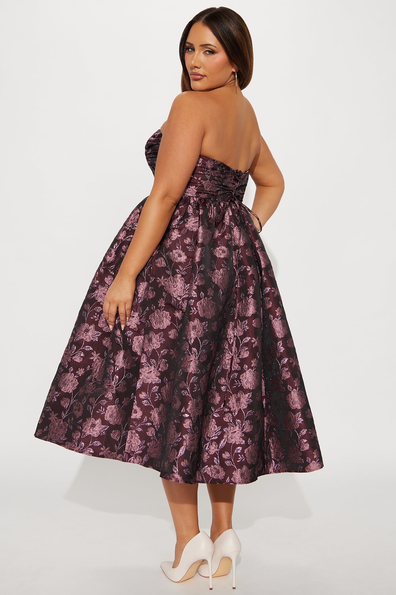 Sweet Like Me Glitter Floral Taffeta Midi Dress - Plum