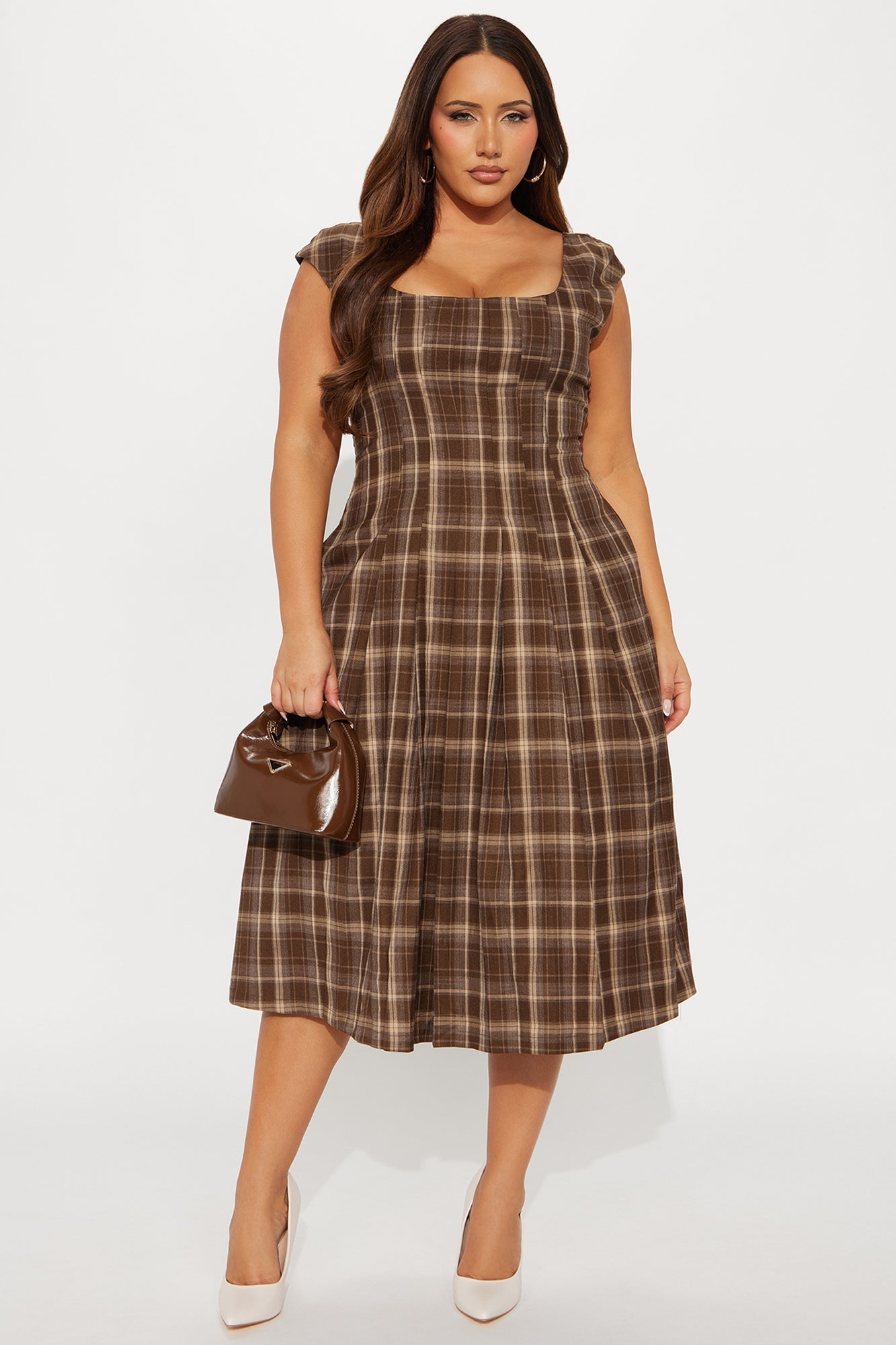 Clover Pleated Plaid Midi Dress - Brown/combo