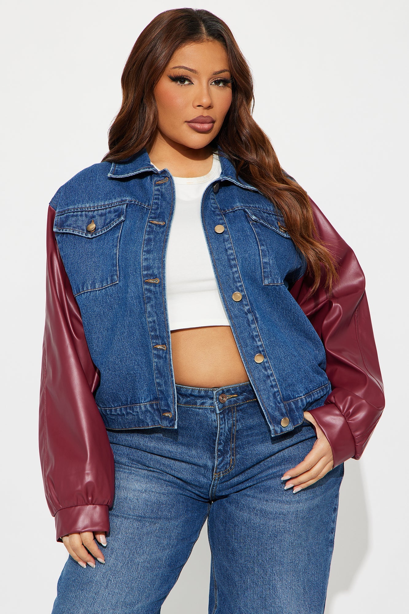 Hotwired Faux Leather Bomber Jacket - Medium Wash