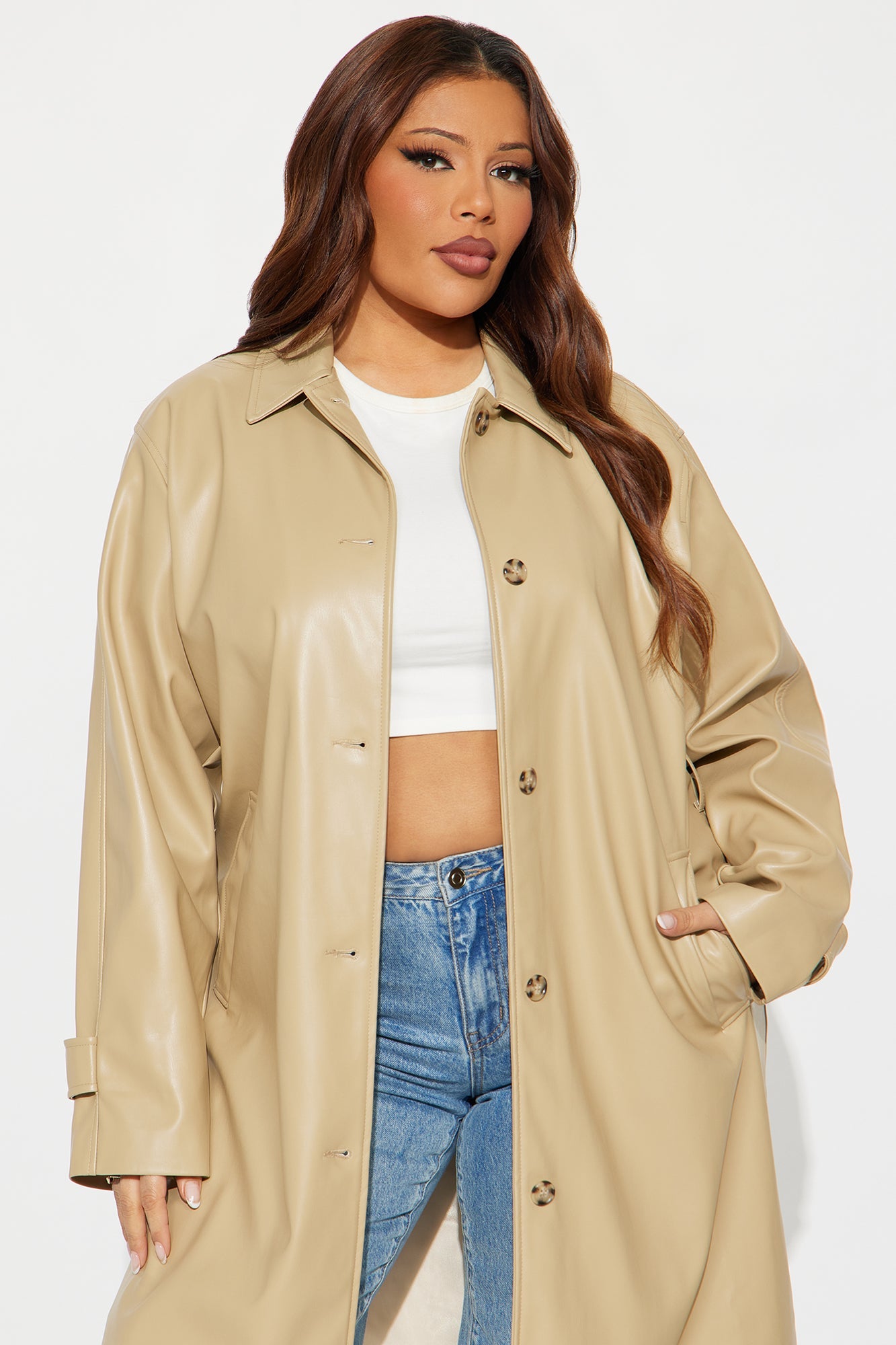Bree Faux Leather Trench Coat - Khaki