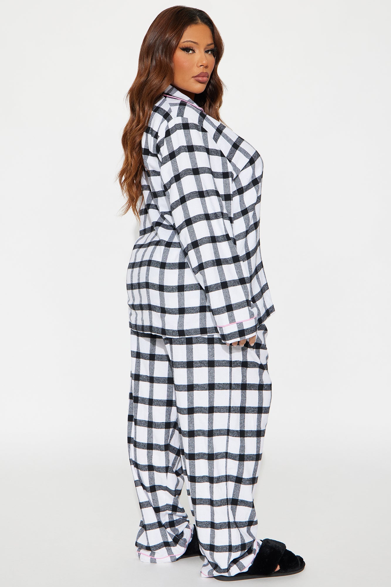 So Chill Flannel Long Sleeve PJ Pant Set - White/Black