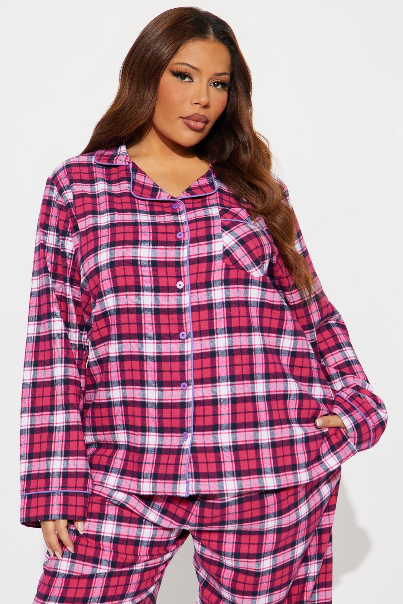 So Chill Flannel Long Sleeve PJ Pant Set - Hot Pink/combo