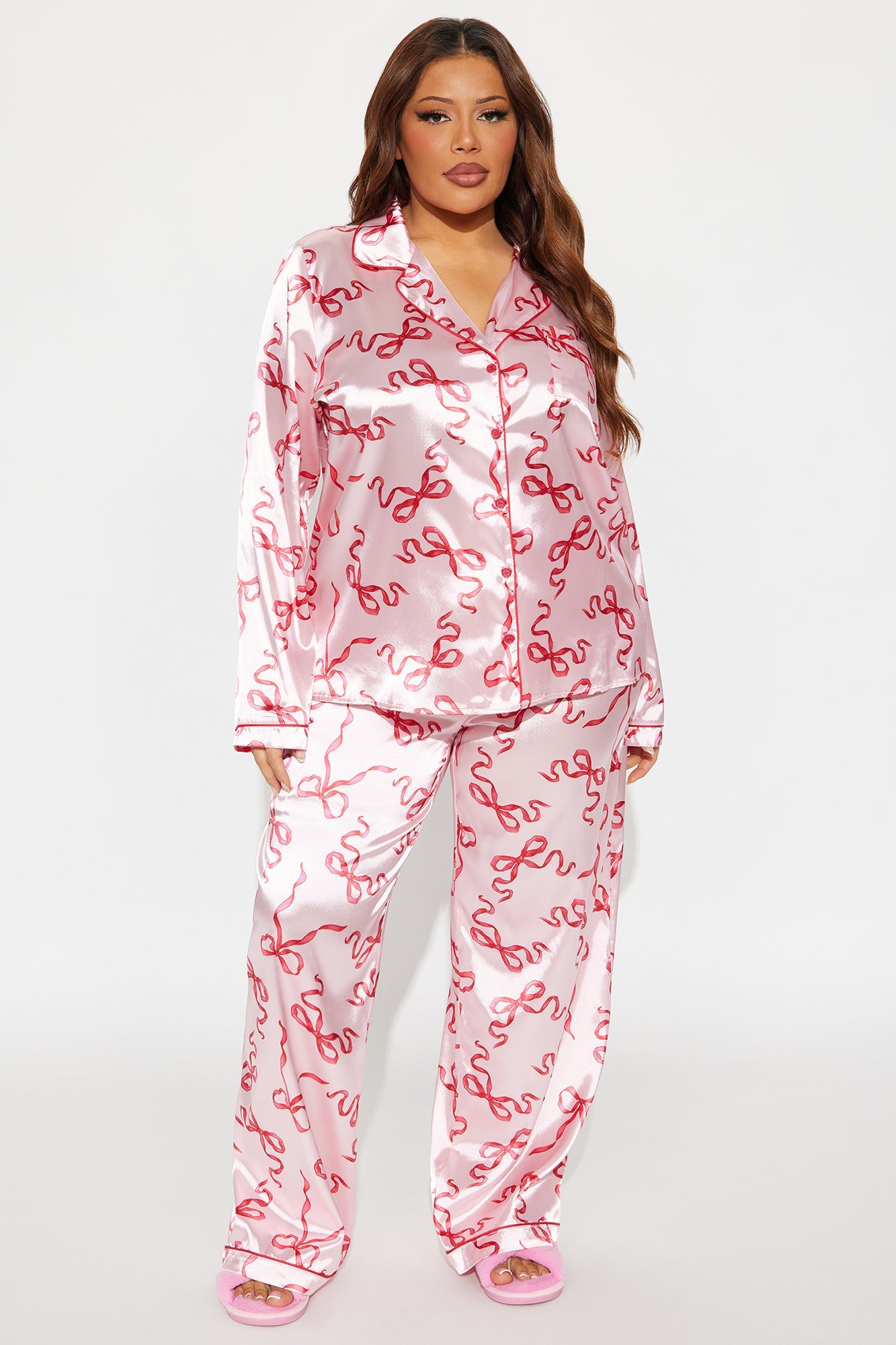 Bedtime Stretch Satin Long Sleeve PJ Pant Set - Pink/combo